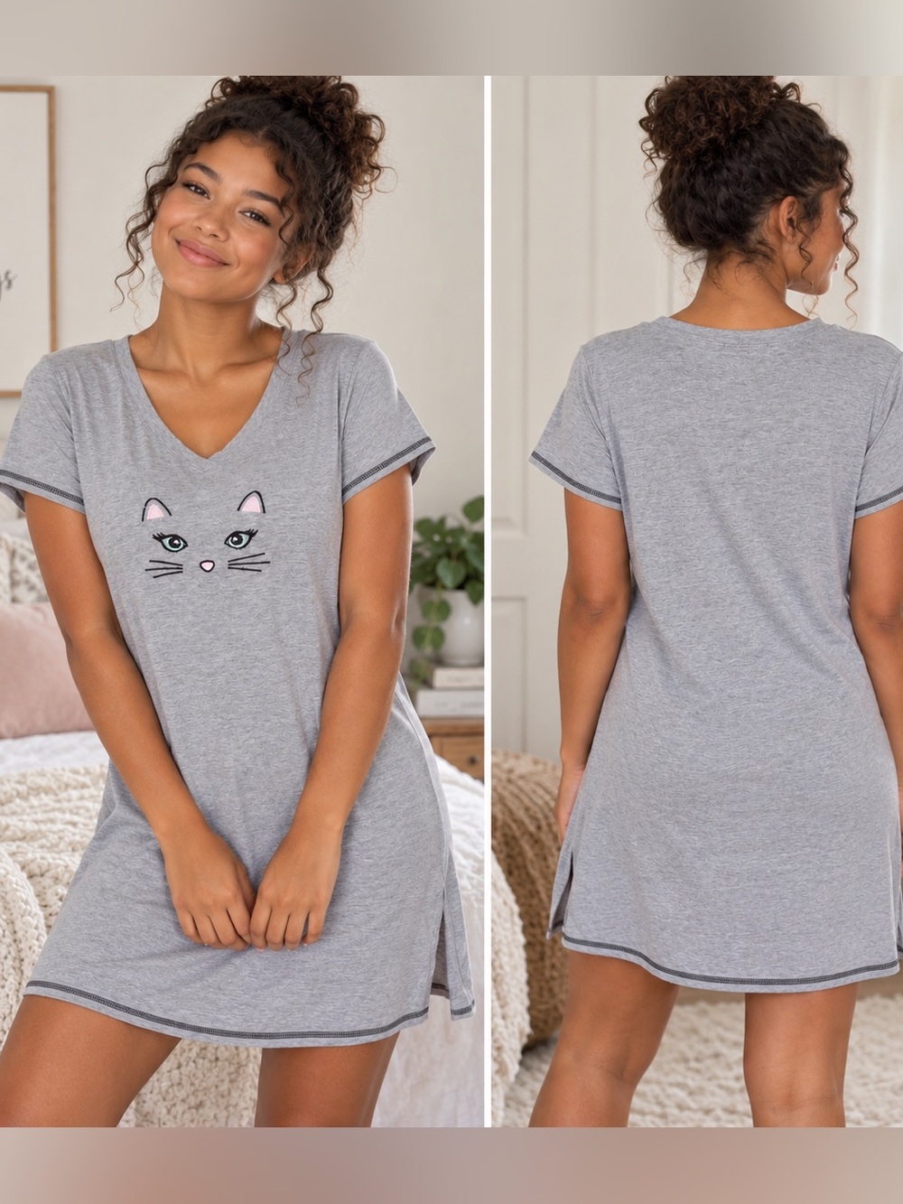 Rene Rofe Sleepwear Cat Nightgown M Gray Embroidered Kitty V Neck Sleepshir